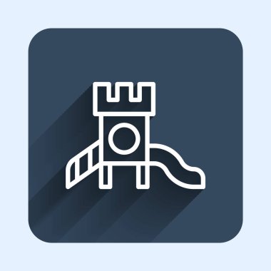 Beyaz çizgi Slayt oyun alanı simgesi uzun gölge arkaplanı ile izole edildi. Çocuklar kayar. Mavi kare düğme. Vektör