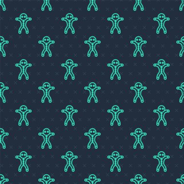 Yeşil çizgi üzerinde tatil zencefilli kurabiye adam ikonu mavi arka planda izole edilmiş pürüzsüz desen. Kurabiye, insan şeklinde ve kremalı. Vektör