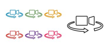 Satır 360 derece görünüm simgesini beyaz arkaplanda izole et. Sanal gerçeklik. 360 derecelik açıyla. Panorama fotoğrafı. Simgeleri renklendirin. Vektör