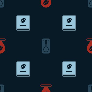 Kahve çekirdeği, kahve termometresi ve kusursuz desen üzerine bir kitap ayarla. Vektör