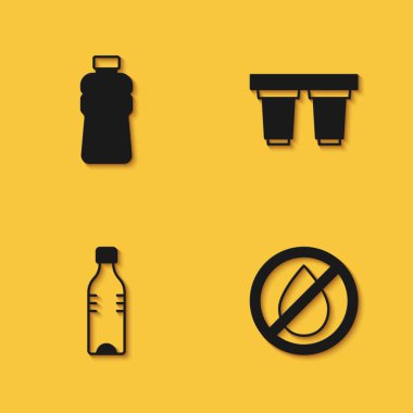 Bir şişe su, su damlası yasaklandı ve uzun gölgeli kartuş simgesi filtrelendi. Vektör