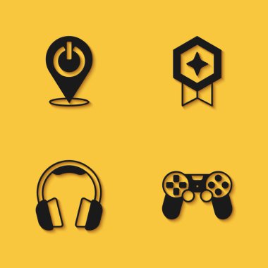 Güç düğmesi, oyun kumandası veya joystick, kulaklık ve uzun gölgeli madalya ikonu ile derecelendirme. Vektör