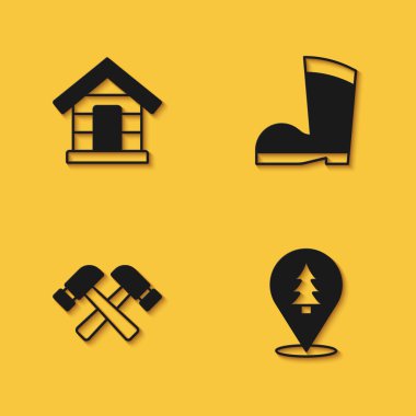 Köpek Evi, Ormanın Yeri, Çapraz çekiç ve uzun gölgeli su geçirmez lastik bot ikonu. Vektör