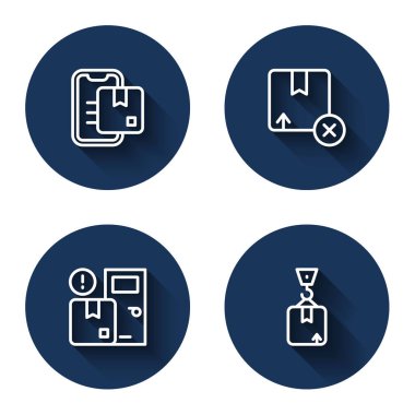 Çizgi çizgisi takip işareti, karton karton kutu, teslimat servisi ve uzun gölgeli Crane. Mavi daire düğmesi. Vektör