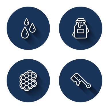 Bal damlaları, kavanoz, bal peteği ve uzun gölgeli arıcılık fırçaları. Mavi daire düğmesi. Vektör