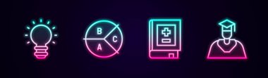 Yaratıcı lamba ışığı fikri, pasta grafiği bilgisi, matematik ve mezuniyet şapkası ile kitap. Parlayan neon ikonu. Vektör