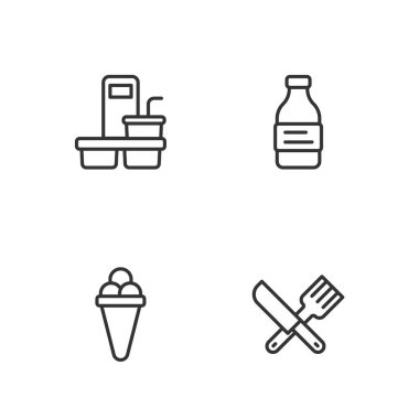 Çizgiyi aşan bıçak ve çatal, dondurmalı waffle kahve fincanı ve şişe su ikonu. Vektör