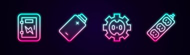 Hat paneli, pil şarjı, priz ve uzatma ayarlayın. Parlayan neon ikonu. Vektör