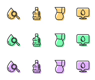 Bardağı suyla doldurun, bırakın ve büyütün, büyük şişe temiz ve su damlası ikonu. Vektör