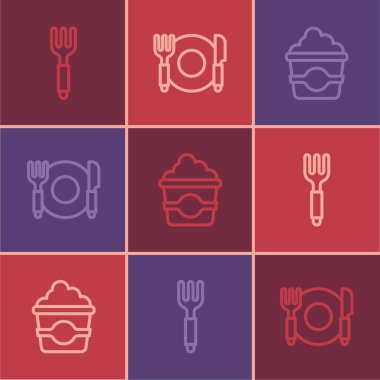Fork hattı, karton kutuda patlamış mısır ve tabak, çatal ve bıçak ikonu. Vektör