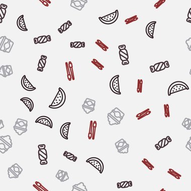 Karpuz, şeker, karton kutuda patlamış mısır ve kusursuz desenli yemek çubukları. Vektör