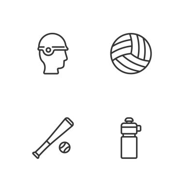Set hattı fitness karıştırıcısı, beyzbol sopası top, kask ve voleybol ikonu. Vektör
