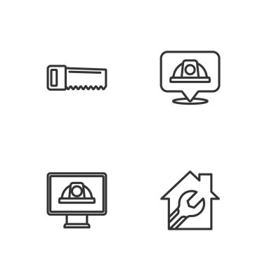 Hat House 'u İngiliz anahtarıyla, işçi kaskıyla, el testeresiyle ve simgeyle ayarla. Vektör