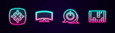 Satır Target sporu, Bilgisayar monitörü, Güç düğmesi ve taşınabilir video oyun konsolunu ayarla. Parlayan neon ikonu. Vektör