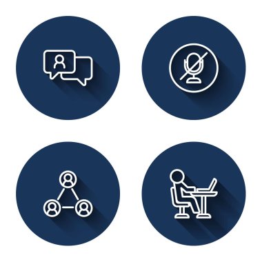 Konuşma baloncuğu sohbetini, sessiz mikrofonu, Görüşmeyi ve uzun gölgeli Freelancer 'ı ayarla. Mavi daire düğmesi. Vektör