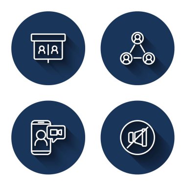 Görüntülü sohbet konferansı, toplantı ve uzun gölgeli sessiz mikrofon ayarla. Mavi daire düğmesi. Vektör