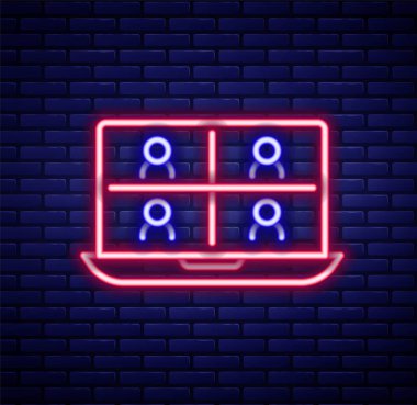 Parlayan neon hattı görüntülü sohbet konferansı simgesi tuğla duvar arka planında izole edildi. Çevrimiçi iş görüşmesi formu. Uzak proje yönetimi. Renkli taslak konsepti. Vektör