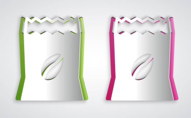 Gri arka planda izole edilmiş kahve çekirdeği poşeti simgesi. Kağıt sanatı tarzı. Vektör