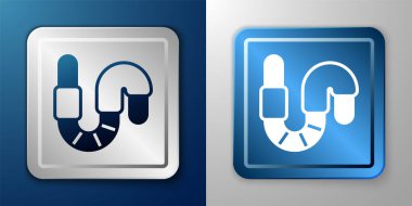 Beyaz Solucan simgesi mavi ve gri arkaplanda izole edildi. Balık oltası. Gümüş ve mavi kare düğme. Vektör