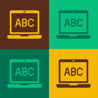 Pop sanat dizüstü bilgisayar simgesi renk arkaplanında izole edildi. Boş ekran işaretli bilgisayar defteri. Vektör