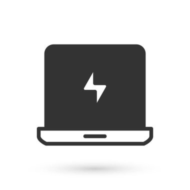 Gri dizüstü bilgisayar simgesi beyaz arkaplanda izole edildi. Boş ekran işaretli bilgisayar defteri. Vektör