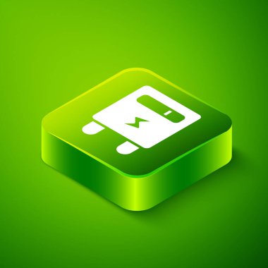Isometric Elektrik metre simgesi yeşil arkaplanda izole edildi. Yeşil kare düğmesi. Vektör