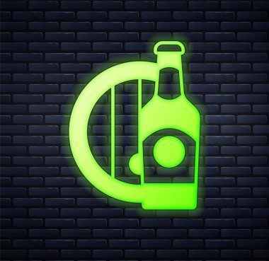 Parlayan neon bira şişesi ve tuğla duvar arkasında izole edilmiş ahşap varil ikonu. Vektör