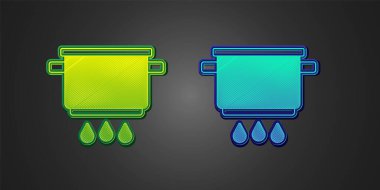 Siyah arka planda izole edilmiş yeşil ve mavi tencere yakma ikonu. Haşlama ya da güveç besin sembolü. Vektör