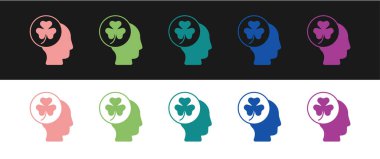 Siyah ve beyaz arkaplanda yonca folyo yaprağı simgesi ile insan kafasını ayarlayın. Aziz Patrick gününüz kutlu olsun. Ulusal İrlanda bayramı. Vektör