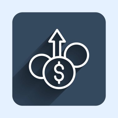 Beyaz çizgi Finansal Büyüme Dolar simgesi uzun gölgeli arka plan izole. Gelirleri arttırıyorum. Mavi kare düğme. Vektör