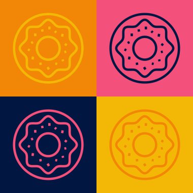 Renkli arka planda izole edilmiş tatlı cam ikonlu Pop Art Line Donut. Vektör