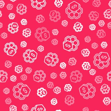 Beyaz çizgili bal peteği ikonu satışı kırmızı arka planda izole edilmiş pürüzsüz desen. Bal hücrelerinin sembolü. Tatlı doğal yemek. Vektör