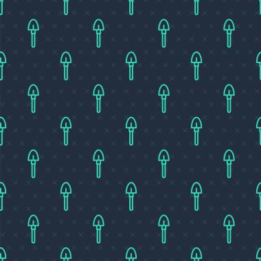 Yeşil çizgi kürek ikonu mavi arkaplanda kusursuz desen izole etti. Bahçe aletleri. Bahçecilik, tarım, çiftçilik aleti. Vektör