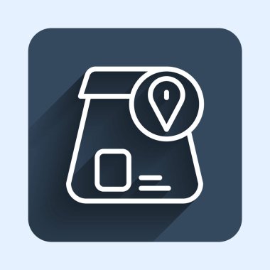 İnternetten sipariş edilen beyaz hat ve fast food dağıtım ikonu uzun gölgeli. Mavi kare düğme. Vektör