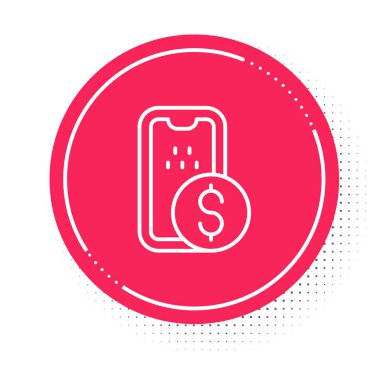 Beyaz çizgi Mobil bankacılık simgesi beyaz arkaplanda izole edildi. Cep telefonu ekranına cep telefonu bankacılığı yoluyla para aktar. Kırmızı daire düğmesi. Vektör
