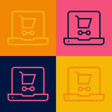 Ekran dizüstü bilgisayarındaki pop sanat eseri alışveriş arabası renk arkaplanında izole edilmiş. Konsept e-ticaret, e-ticaret, online iş pazarlama. Vektör