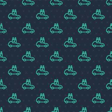 Yeşil hat elektrikli araba ve elektrik kablosu şarj ikonu mavi arka planda izole edilmiş pürüzsüz desen. Yenilenebilir ekolojik teknolojiler. Vektör