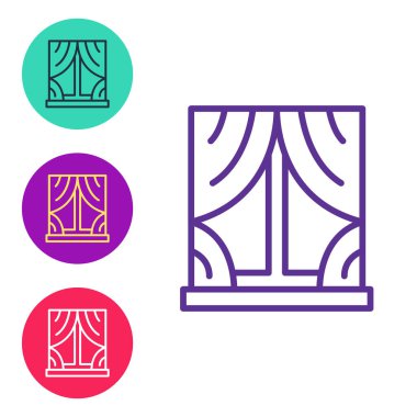 Beyaz arkaplanda izole edilmiş oda simgesinde perdeleri olan çizgi penceresini ayarla. Simgeleri renklendirin. Vektör