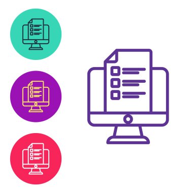Satır çevrimiçi sınav, test, inceleme ya da kontrol listesi simgesini beyaz arkaplanda izole et. Sınav listesi. E-eğitim konsepti. Simgeleri renklendirin. Vektör