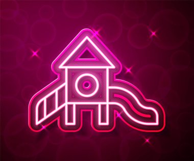 Parlayan neon hattı Slayt oyun alanı simgesi kırmızı arkaplanda izole edildi. Çocuklar kayar. Vektör