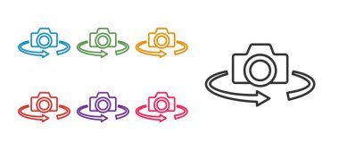 Satır 360 derece görünüm simgesini beyaz arkaplanda izole et. Sanal gerçeklik. 360 derecelik açıyla. Panorama fotoğrafı. Simgeleri renklendirin. Vektör