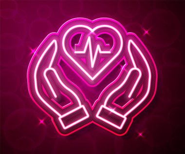 Parlayan neon hattı hayat sigortası ikonu kırmızı arka planda izole edildi. Güvenlik, güvenlik, koruma, konsept koruma. Vektör