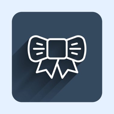 Beyaz çizgi hediye yay ikonu uzun gölge arkaplan izole. Mavi kare düğme. Vektör