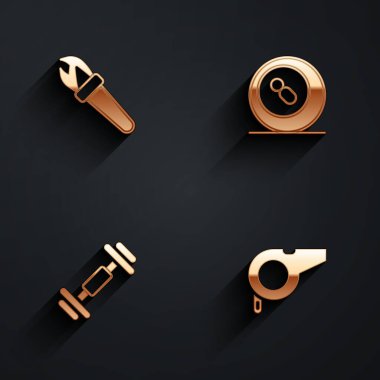 Meşale alevi, bilardo bilardo topu, uzun gölgeli Dumbbell ve Whistle ikonu. Vektör