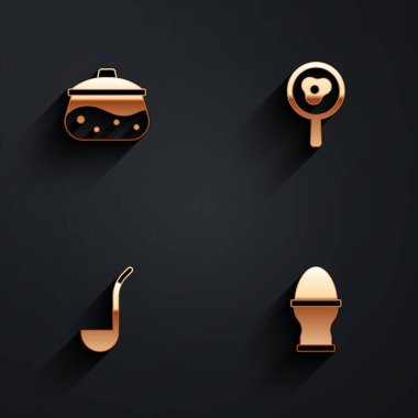 Pişirme kabı, kızartma tavasında kızarmış yumurta, uzun gölgeli mutfak kepçesi ve tavuk standı ikonu. Vektör