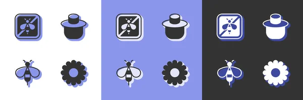 设置花卉 停止蜜蜂 蜜蜂和养蜂人与保护帽图标 — 图库矢量图片