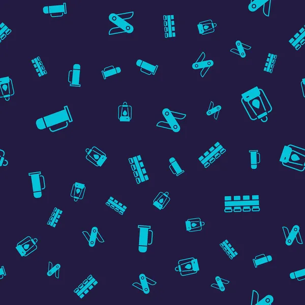 Termos kabını, kamp fenerini, İsviçre ordu bıçağını ve av kartuşu kemerini kusursuz desenlere ayarlayın. Vektör