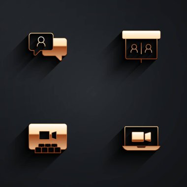 Konuşma balonu sohbetini, video konferansını ve uzun gölgeli simgeyi ayarla. Vektör