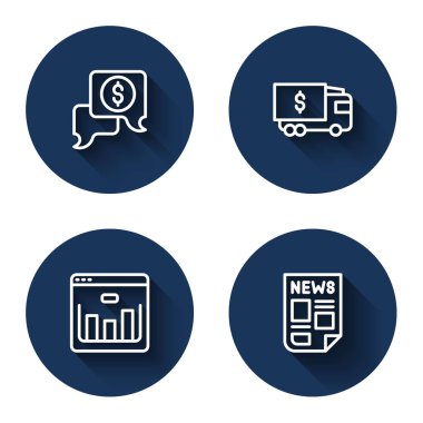 İş görüşmelerini ayarla, zırhlı araç borsası olan tarayıcı ve uzun gölgeli haberler. Mavi daire düğmesi. Vektör