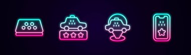 Taksi durağı, servis derecesi, konum taksisi ve mobil uygulama. Parlayan neon ikonu. Vektör